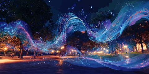 Wall Mural - Blue and purple light show is projected onto the ground in a park. The lights are scattered throughout the scene, creating a dreamy and ethereal atmosphere