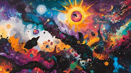 Wall Mural - explore a captivating abstract cosmic scene filled with vibrant colors, stars, and planets. this art