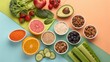© Yura - Colorful Healthy Food Ingredients Arranged GeometricallyTop View of Balanced Diet Components on a Divided PlateVibrant Superfoods and Nuts for a Nutritious Lifestyle