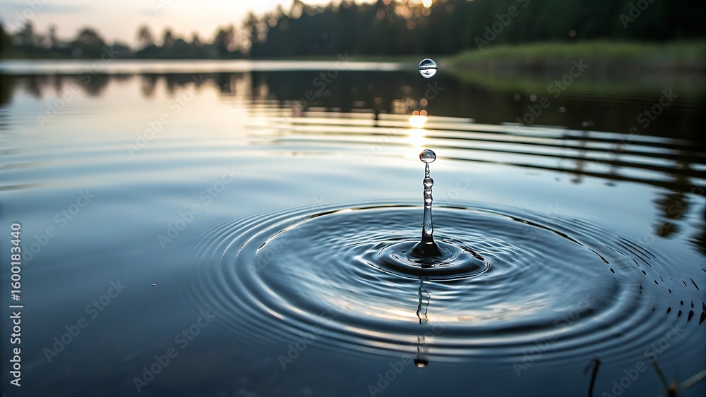 1. A single water droplet falls into a calm pond, sending out gentle ...