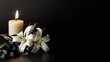 © sirirat - Black funeral background with candle and white lilies, minimal condolence design