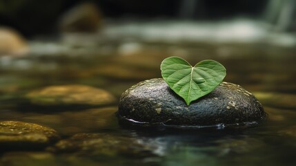 Wall Mural - leaf is on top of a rock in a body of water. the leaf is green and the rock is brown. concept of cal