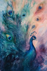 Canvas Print - a painting of a peacock with blue and purple feathers. the peacock is the main focus of the painting