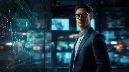Asian man in suit looking at data visualizations on a large screen in a dark control room