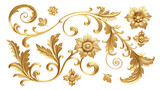 Ornate gold baroque floral elements with swirling leaves and flowers on black background
