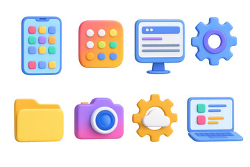 Wall Mural - colorful 3d app icons set featuring technology and digital tools