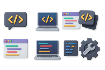 Wall Mural - 3d tech icons: laptop, code, gear, and speech bubble symbolizing programming and development