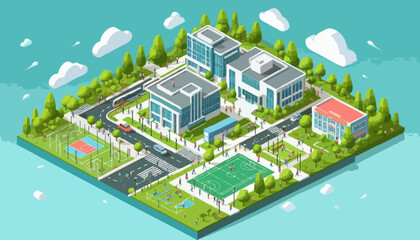 An isometric illustration of a modern school or university campus