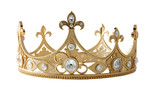 Ornate golden crown with clear gemstones and fleur de lis details isolated on black royal