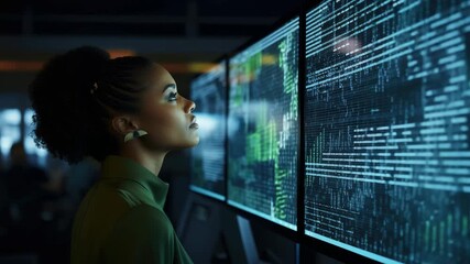 Woman analyzing data on multiple computer screens in a dark office environment at night