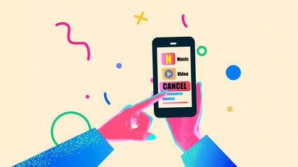 Digital collage of two hands cancelling media subscription on phone with app icons and cancel button. Concept of digital budgeting, subscription control, UX design and personal finance apps.
