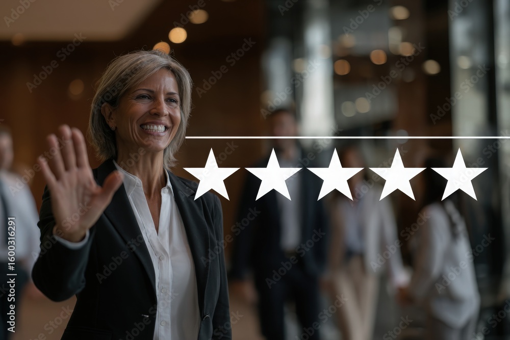 A confident businesswoman is smiling and waving at attendees in a modern office environment. Other professionals can be seen in the background engaging with one another.