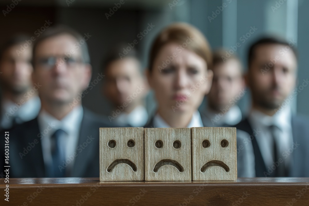 A group of business professionals gathered in a meeting room displays expressions of disappointment.