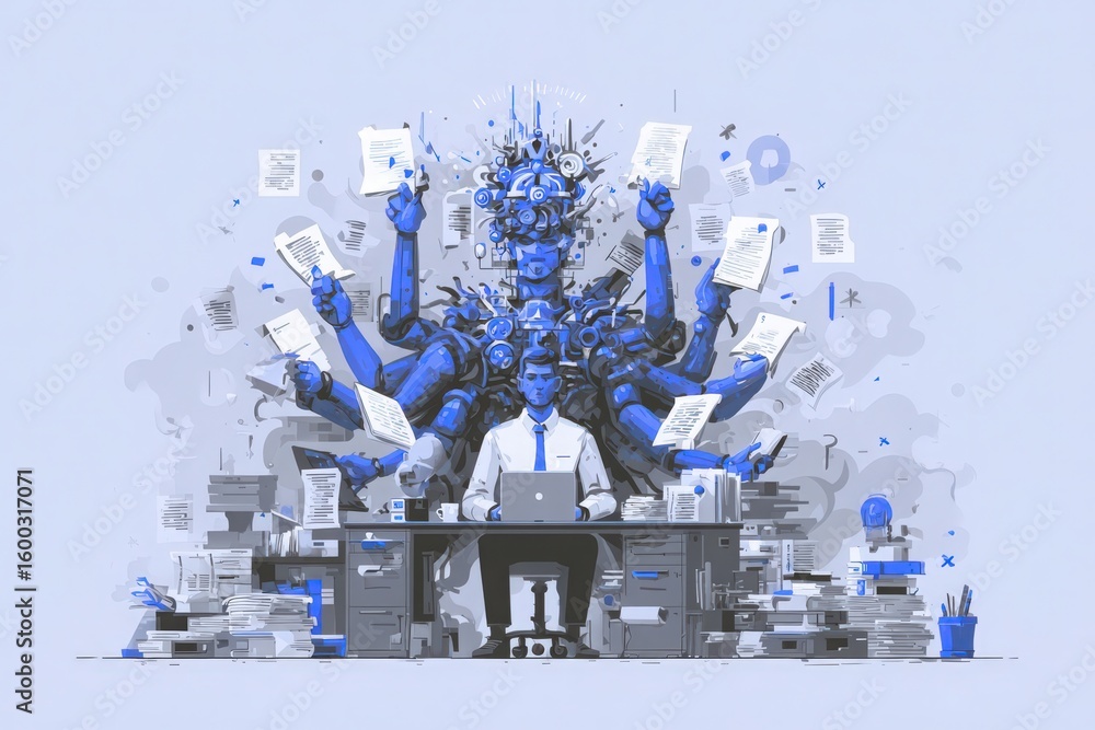 A person in business attire sits at a desk, focused on a laptop amidst a flood of papers. The backdrop features abstract blue arms extending, symbolizing multitasking and overwhelming workload.