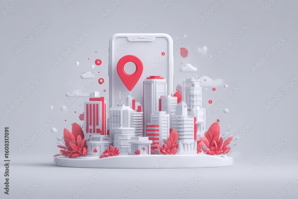 A 3D representation features a smartphone showing a vibrant cityscape surrounded by greenery. The design includes a prominent location pin and modern buildings, creating a lively urban vibe.