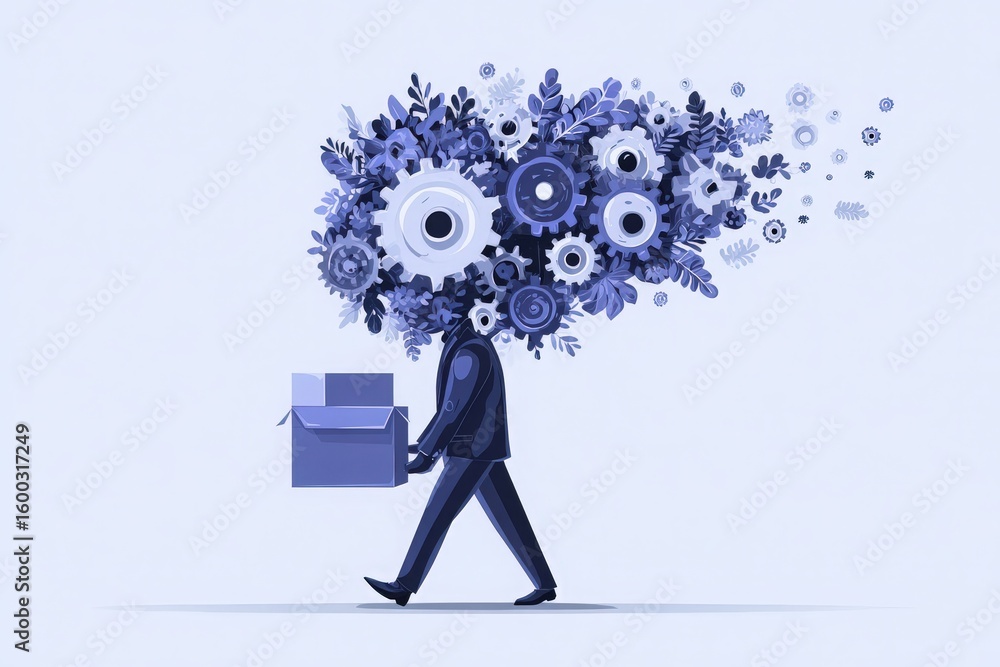 A businessperson walks with a cardboard box while vibrant gears and plants float above their head, symbolizing innovative ideas and creativity in a surreal, artistically designed environment.