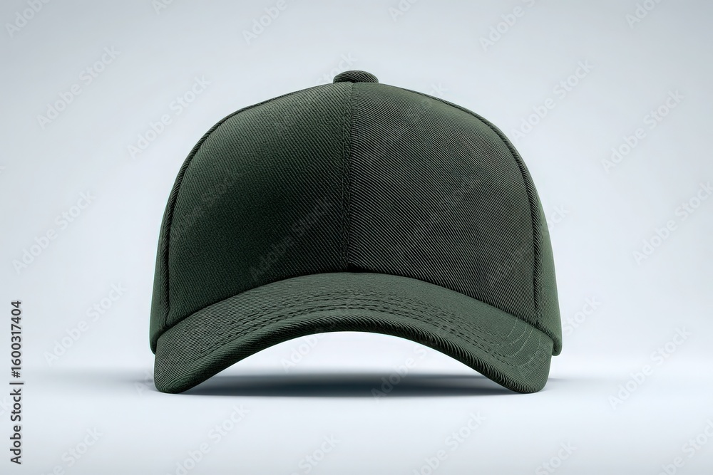 A green cap is centered on a light gray background, showcasing its clean lines and structured design. The cap has a curved brim and no logos, highlighting its simple yet fashionable appeal.
