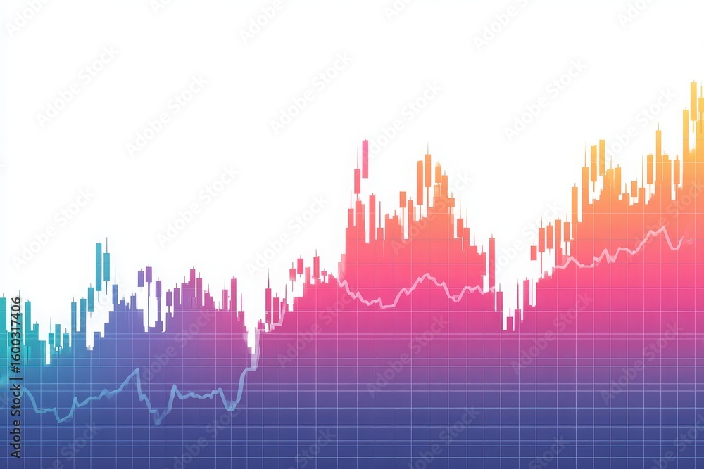 This graphic illustrates the dynamic fluctuations of stock market data over time, featuring vibrant colors and a grid pattern.