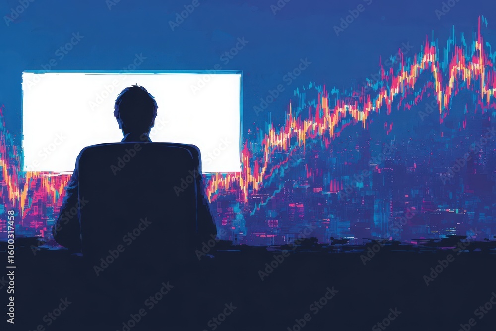 A business analyst sits at a desk, silhouetted against a large screen displaying vibrant financial graphs. The scene captures the essence of market evaluation during late hours.