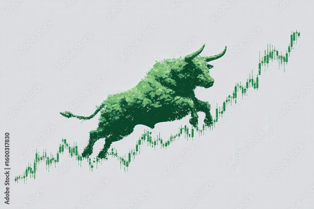 A vibrant green bull leaps energetically along a rising graph, representing growth and confidence in the stock market. The image conveys financial momentum and a positive outlook for investors.