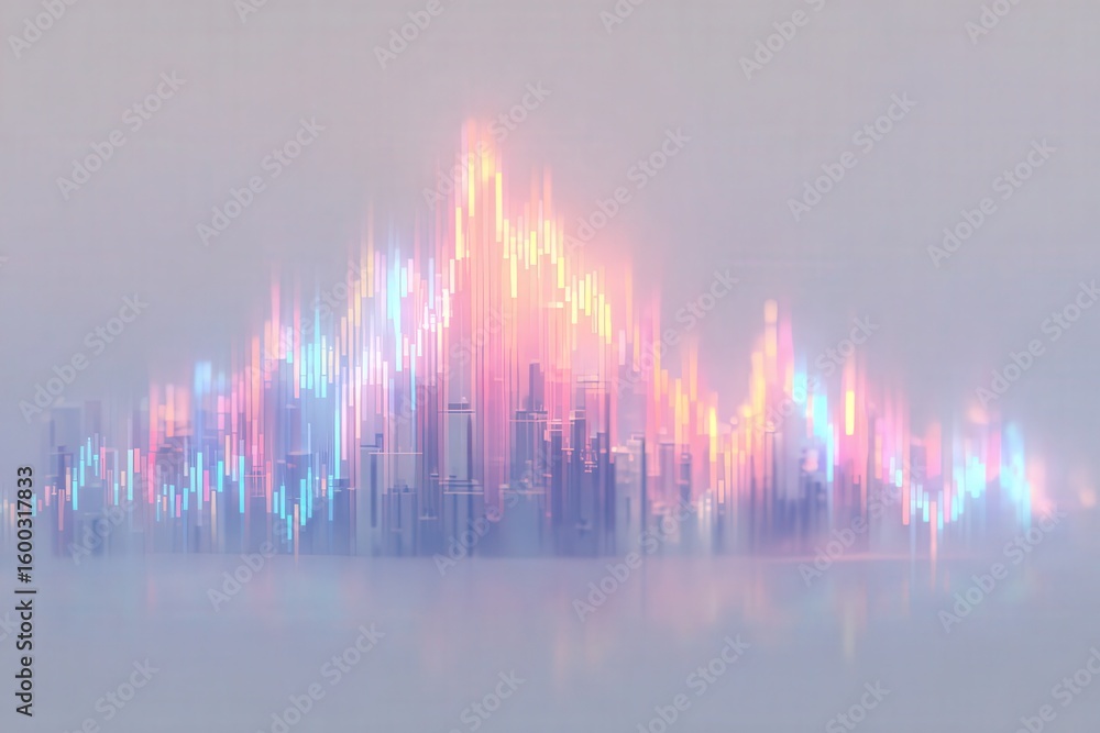 Bright waves of color rise and fall, resembling a city skyline shrouded in mist. The vibrant hues blend together, creating a dynamic visualization of urban life and activity.