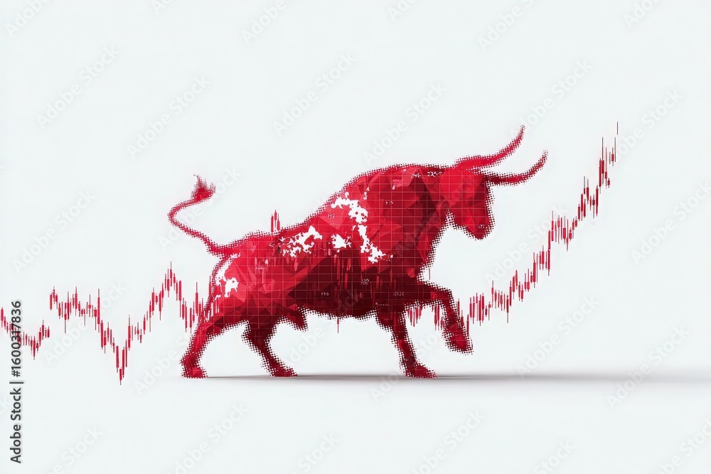A bull represents optimism in financial markets, walking confidently alongside an upward trending graph illustrating growth. The visual captures vibrant red tones emphasizing energy and confidence.