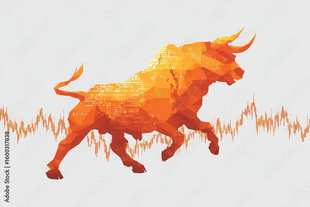 This artwork features an abstract representation of a bull, symbolizing strength in the financial market.