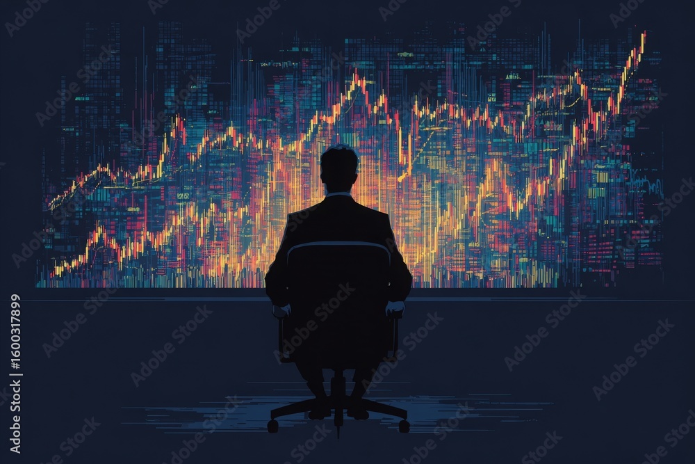 A professional sits in front of a vibrant, illuminated stock market graph, assessing data trends late at night in a contemporary office setting.