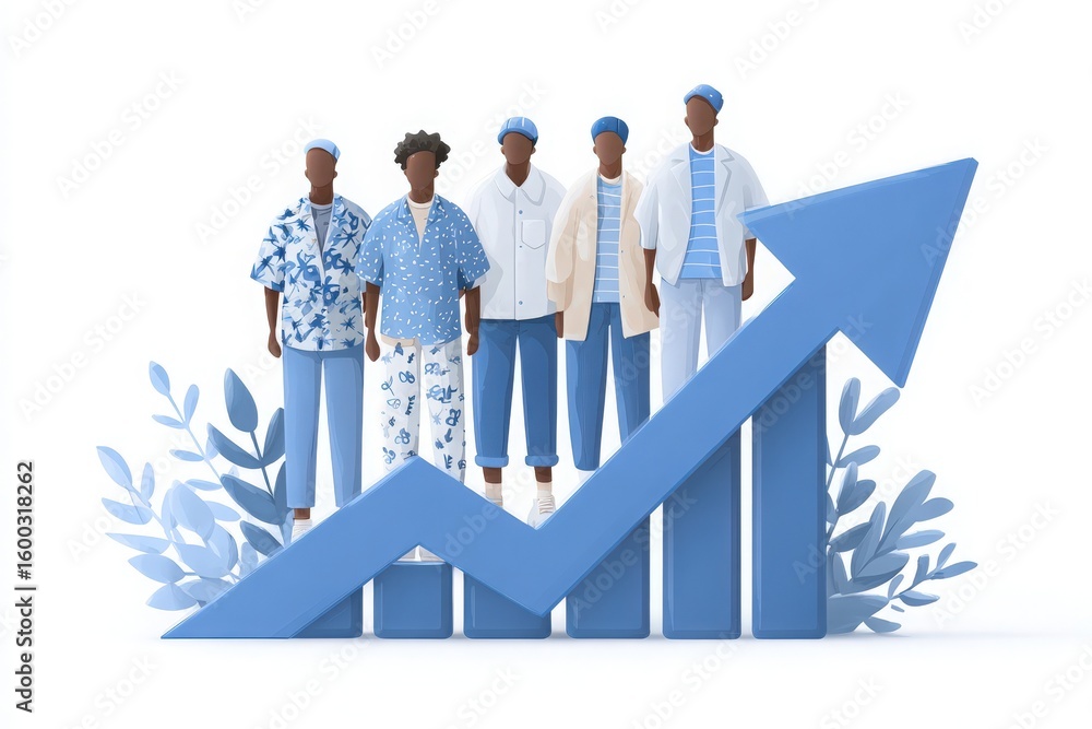 Figures representing diverse backgrounds stand confidently beside a rising graph.