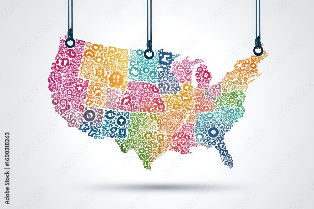This artistic depiction showcases the map of the United States filled with colorful icons and symbols representing diverse activities and themes related to each state.