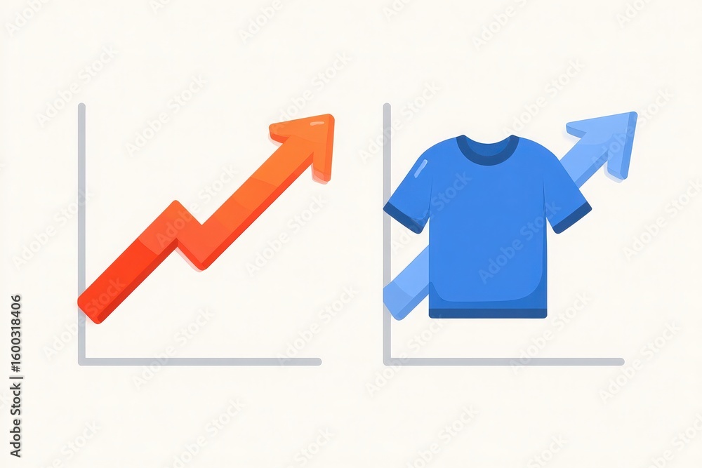 Illustrations depict two upward-trending graphs, one showing a rising line indicating general trends, while the other represents an increase in clothing sales.
