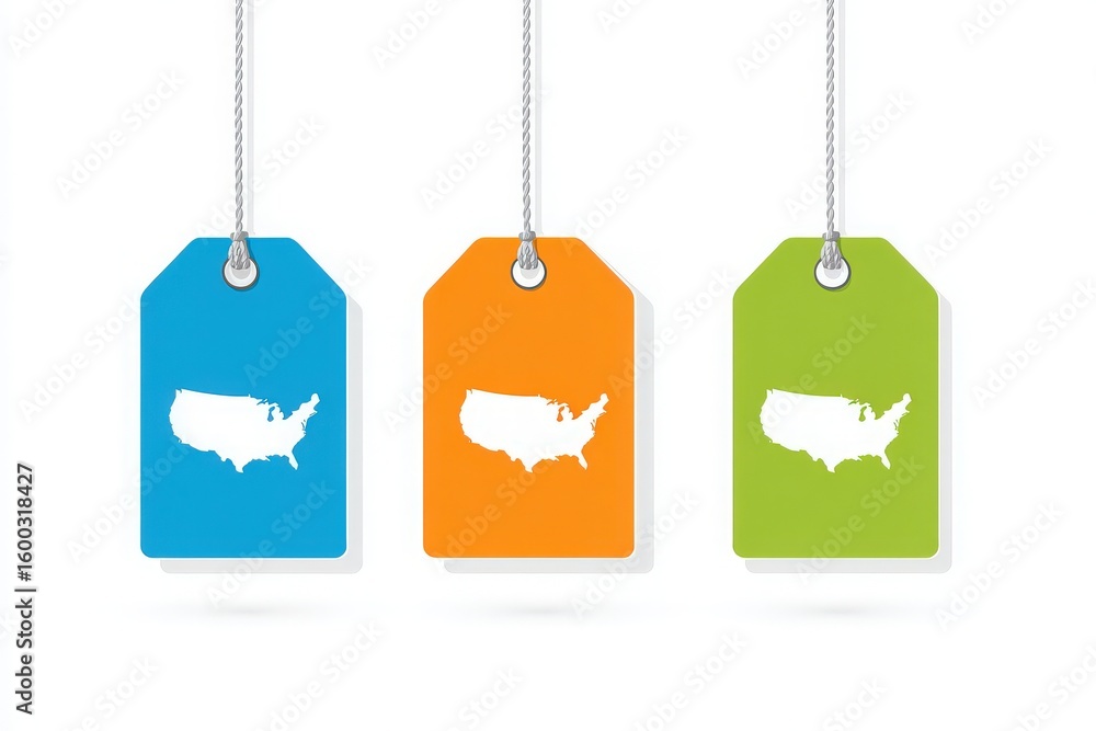 Three vibrant tags hang from strings, showcasing outlines of the contiguous United States.