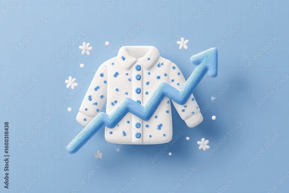 A decorative white jacket with blue details is showcased on a light blue background. An upward arrow represents growth in fashion trends, surrounded by small flowers for a playful touch.