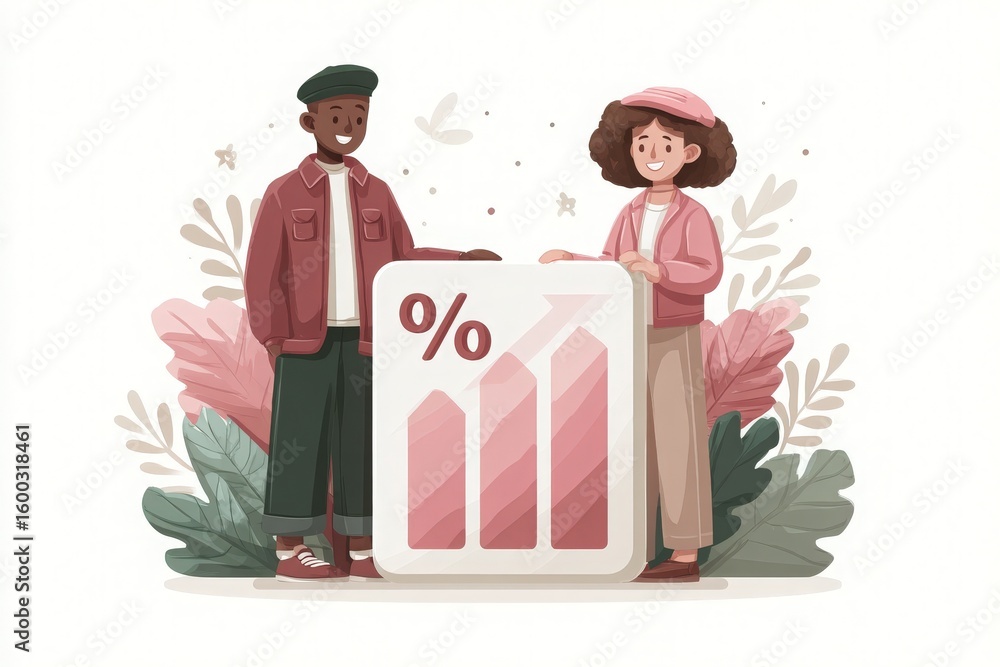 Two diverse individuals are happily presenting a bar chart that illustrates growth. They are surrounded by soft foliage in a vibrant and welcoming atmosphere, emphasizing teamwork and progress.
