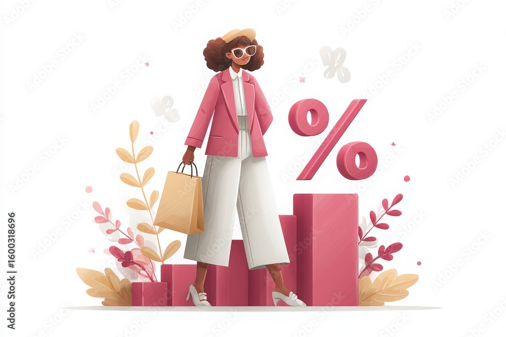 A fashionable woman stands confidently holding a shopping bag. She wears a pink blazer and stylish sunglasses, surrounded by decorative elements and a prominent percent sign, suggesting a sale.