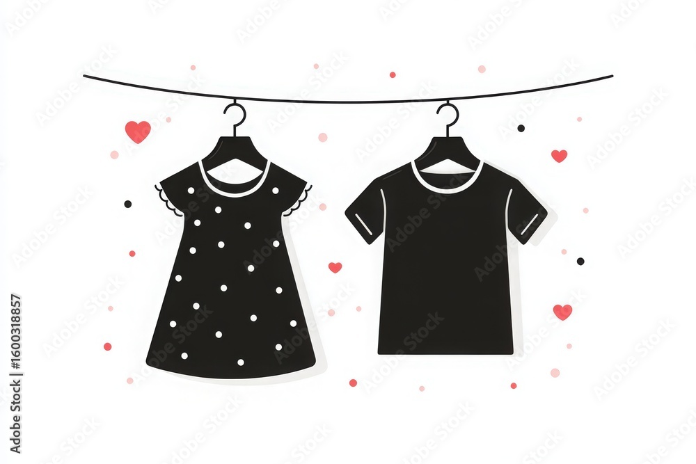 Two pieces of clothing are suspended on a line, featuring a polka dot dress and a simple t-shirt, surrounded by small hearts. The design evokes a cheerful and playful atmosphere.