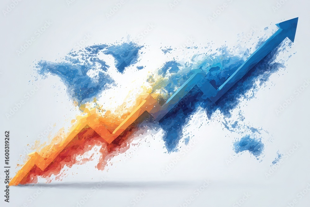 Vivid colors illustrate a rising trend over an artistic world map, highlighting global economic growth. The design features orange and blue arrows symbolizing progress and increase in data.