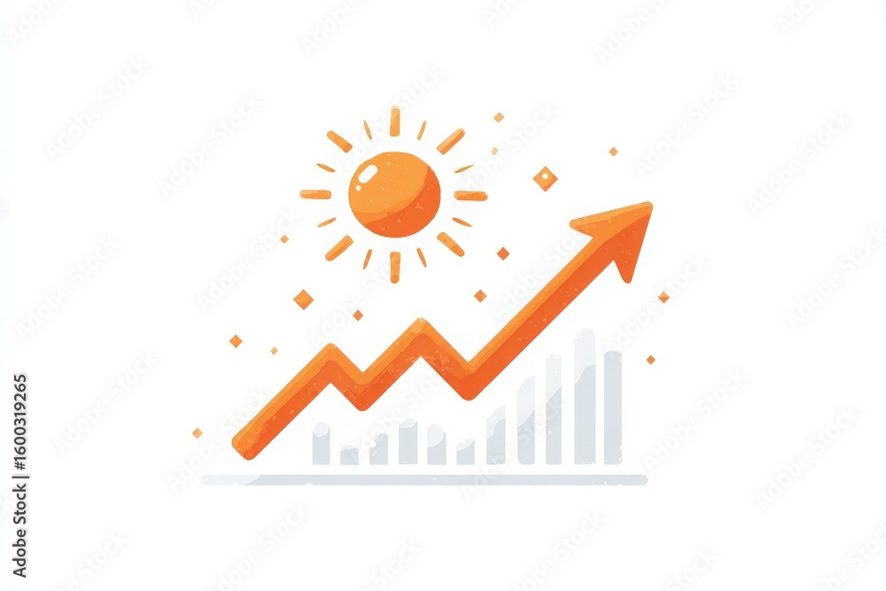 A stylized upward arrow represents growth and success against a light background. The sun radiates bright warmth above the graph, indicating optimism and progress.