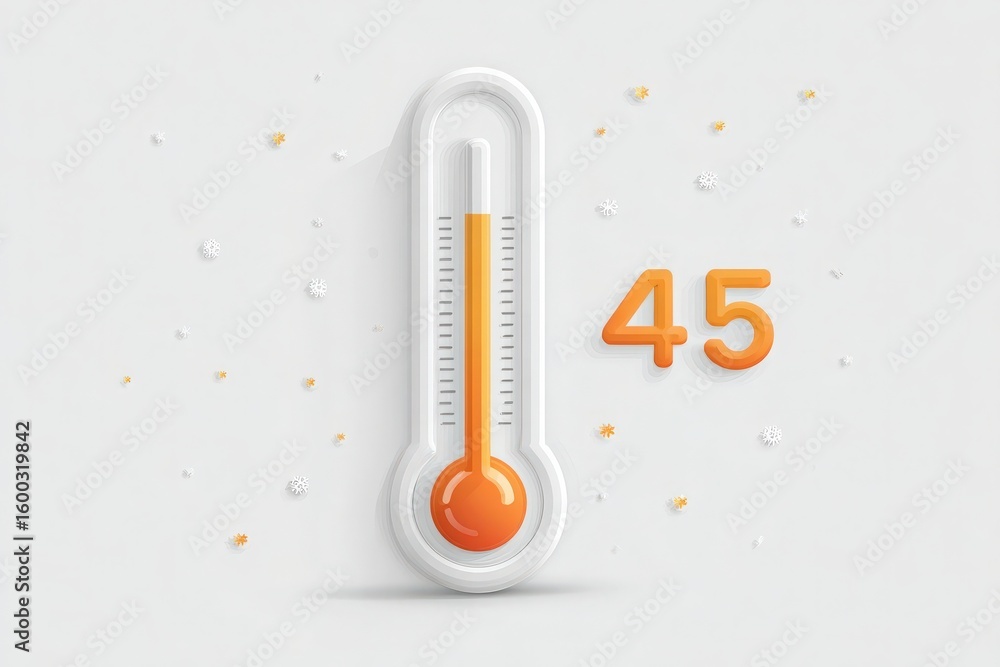 A sleek and minimalistic thermometer design shows a vibrant orange liquid rising to the 45-degree mark. This contemporary illustration suggests a hot weather scenario.