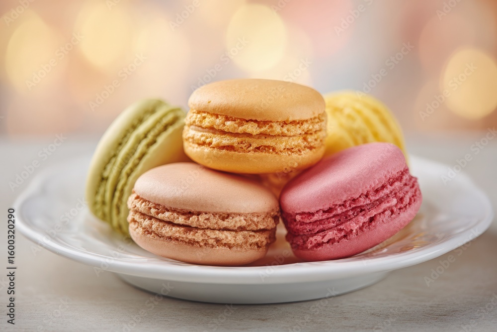 A plate holds an assortment of colorful macarons, showcasing vibrant hues of yellow, pink, green, orange, and peach. The background is softly blurred, enhancing the desserts visual appeal.