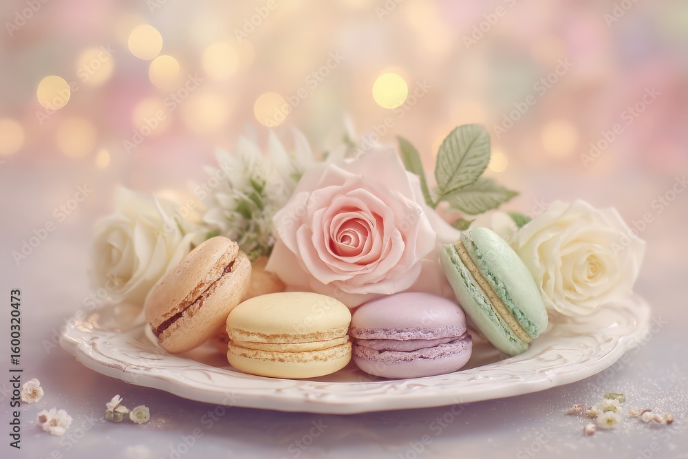 Colorful macarons in pastel shades are artfully arranged on an ornate plate, surrounded by fresh roses and small flowers. The background boasts a dreamy, softly glowing ambiance.