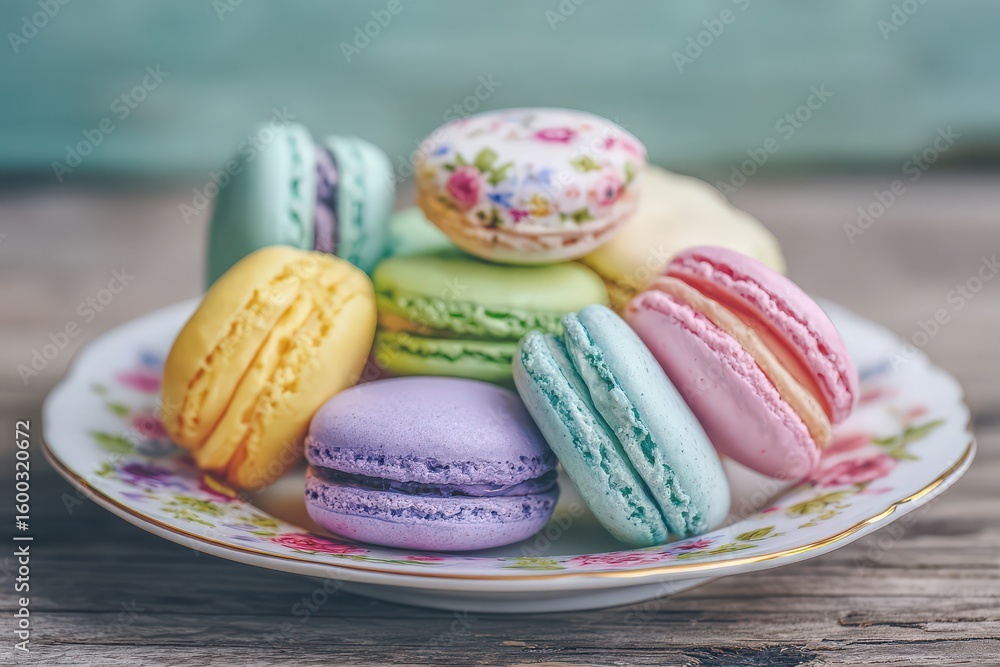 A delightful assortment of macarons in pastel colors rests on a floral-patterned plate. The setting features soft lighting and rustic wood tones, enhancing the appeal of these delicate treats.
