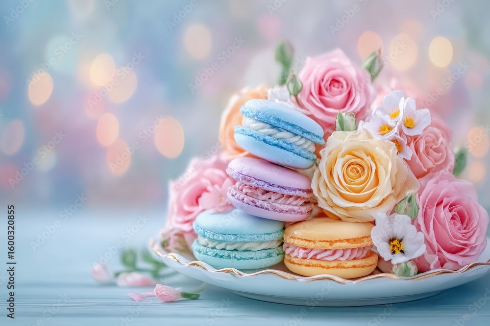 A plate displays an assortment of colorful macarons alongside fresh pastel roses, creating an elegant dessert arrangement. Soft bokeh enhances the romantic ambiance, perfect for celebrations.