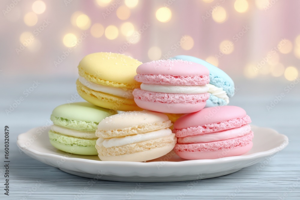 Freshly baked macarons in various pastel colors are stacked on a white plate. The background is softly illuminated with twinkling lights, creating a whimsical atmosphere.