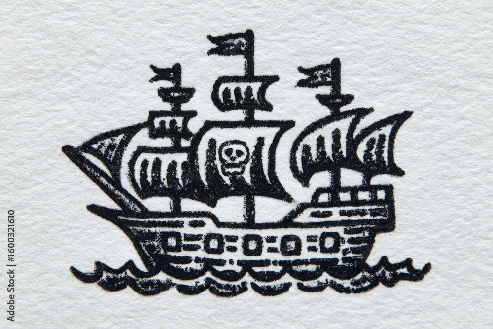 A detailed illustration features a pirate ship with multiple sails and flags, prominently displaying a skull symbol. The calm waters beneath enhance the maritime theme.