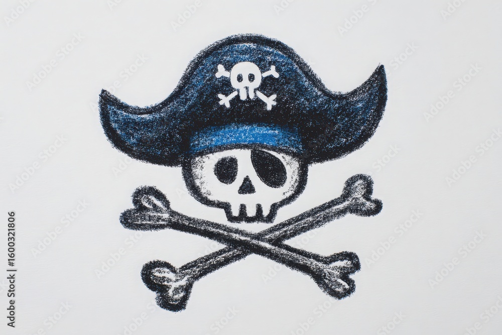 A striking pirate skull with a blue hat and crossed bones is depicted in chalk style. This artwork showcases a bold design against a white background, emphasizing the classic pirate theme.