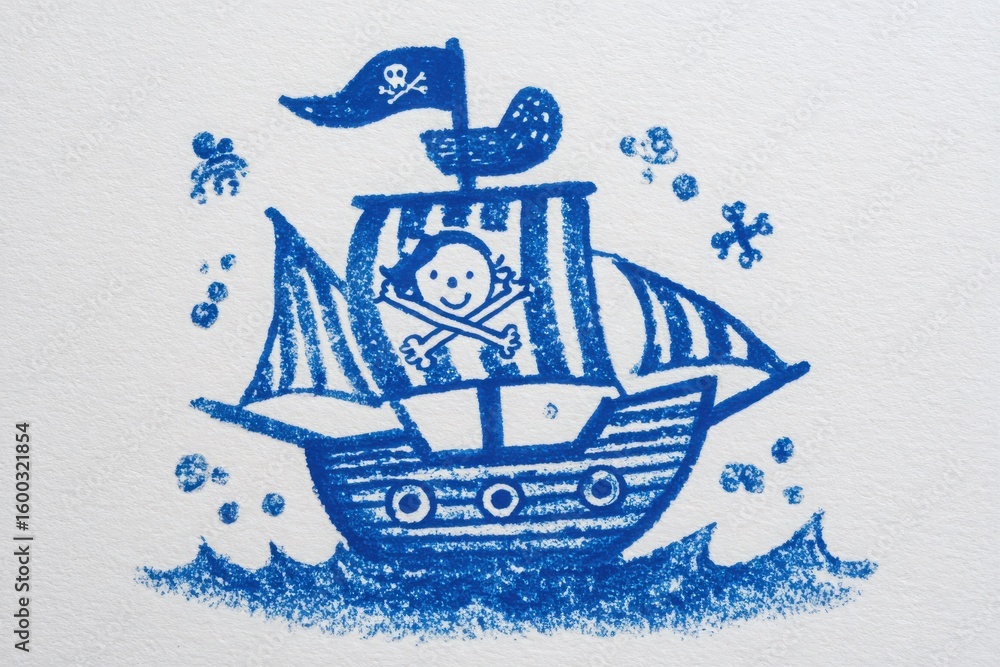 A vibrant illustration shows a playful pirate ship with a jolly character on board. The ship, adorned with a skull and crossbones flag, sails through blue waters accompanied by bubbles.