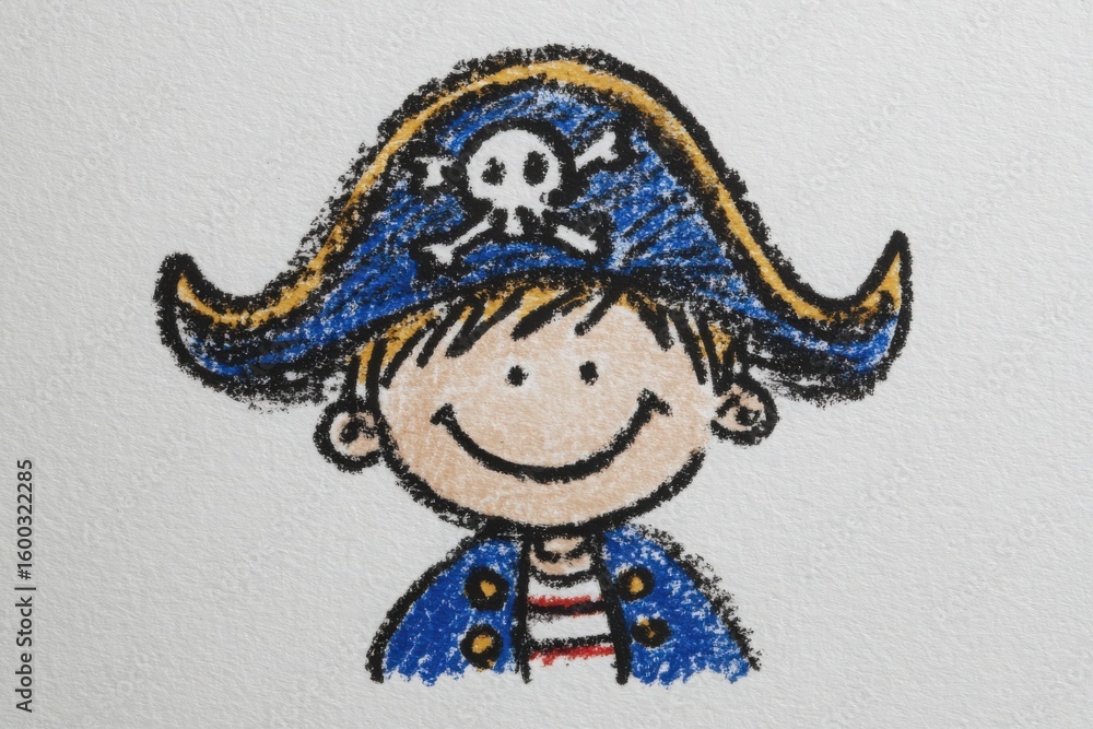 A cheerful pirate character is depicted with a blue hat featuring a skull and crossbones. The character sports a striped shirt and jacket, exuding a playful and adventurous spirit.