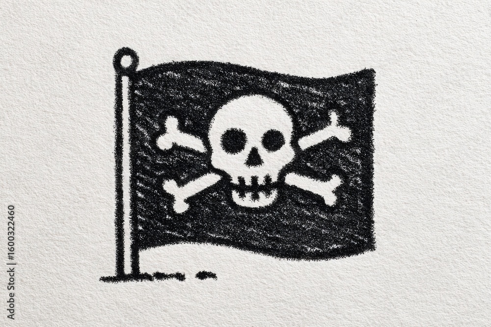 A black flag features a prominent skull with crossbones, representing piracy and danger. The design is sketched in bold lines, creating a striking visual impact.