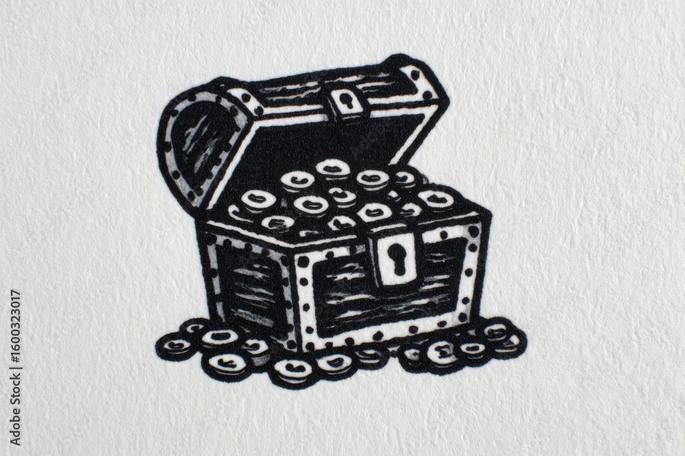 A detailed illustration features a wooden treasure chest overflowing with various coins and sparkling gems. The chest sits on a textured surface, symbolizing adventure and the thrill of discovery.